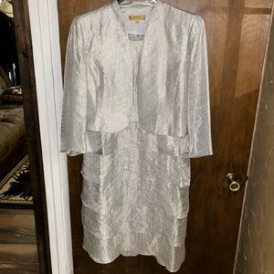 BEAUTIFUL Kasper Silver Dress with Jacket and Ruffles Women Size 14